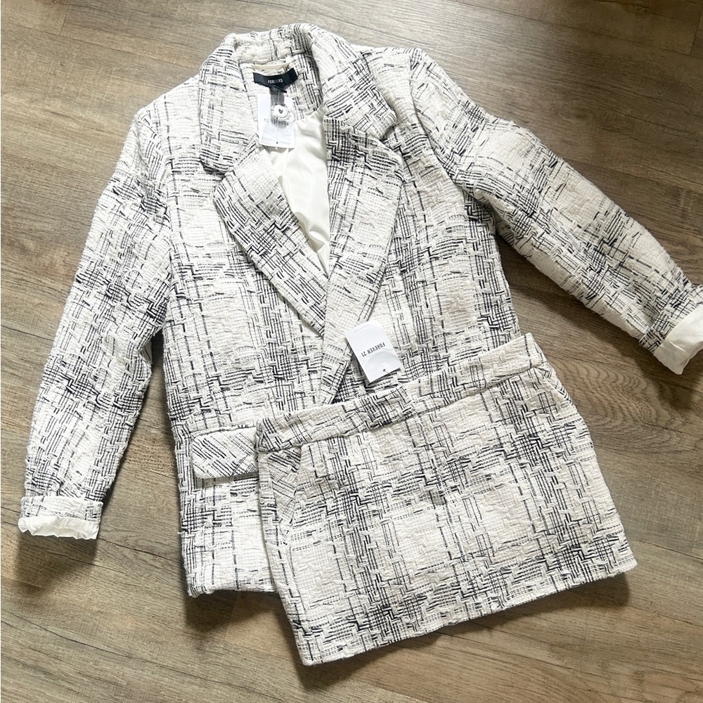 Forever 21 Black and Cream Tweed Patterned Blazer and Skirt Set size Small